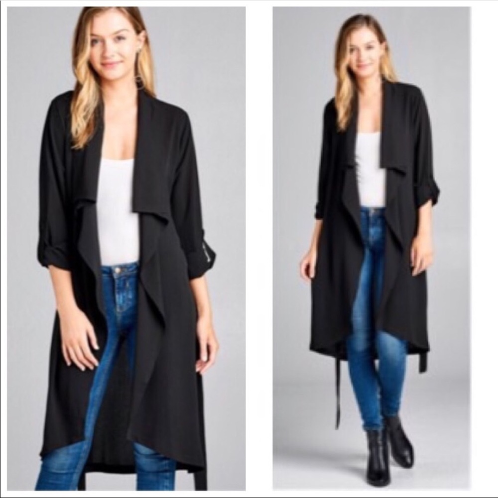 Black lightweight handkerchief hem belted Jacket.